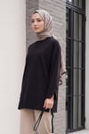 Bisiklet Yaka Yırtmaçlı Oversize Penye Tunik  -Siyah