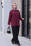 Bisiklet Yaka Yırtmaçlı Oversize Penye Tunik  -Mürdüm