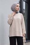 Bisiklet Yaka Yırtmaçlı Oversize Penye Tunik  -Vizon