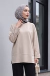 Bisiklet Yaka Yırtmaçlı Oversize Penye Tunik  -Vizon