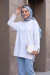 Bisiklet Yaka Yırtmaçlı Oversize Penye Tunik  -Beyaz