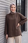 Bisiklet Yaka Yırtmaçlı Oversize Penye Tunik  -Koyu Kahverengi