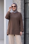 Bisiklet Yaka Yırtmaçlı Oversize Penye Tunik  -Koyu Kahverengi