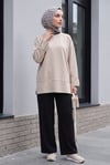 Bisiklet Yaka Yırtmaçlı Oversize Penye Tunik  -Vizon
