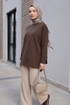 Bisiklet Yaka Yırtmaçlı Oversize Penye Tunik  -Koyu Kahverengi