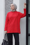 Bisiklet Yaka Yırtmaçlı Oversize Penye Tunik  -Kırmızı