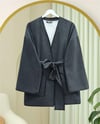 Biye Detaylı Çift Cepli Kuşaklı Kaşe Kimono -Füme-Kimono & Kaftan-253-13095-R18
