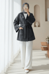 Biye Detaylı Çift Cepli Kuşaklı Kaşe Kimono -Füme-Kimono & Kaftan-253-13095-R18