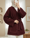 Biye Detaylı Çift Cepli Kuşaklı Kaşe Kimono -Bordo-Kimono & Kaftan-253-13095-R04
