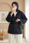 Biye Detaylı Çift Cepli Kuşaklı Kaşe Kimono -Laci-Kimono & Kaftan-253-13095-R03