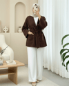 Kimono & Kaftan-Biye Detaylı Çift Cepli Kuşaklı Kaşe Kimono -Kahve-253-13095-R15