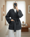 Biye Detaylı Çift Cepli Kuşaklı Kaşe Kimono -Füme-Kimono & Kaftan-253-13095-R18