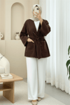Biye Detaylı Çift Cepli Kuşaklı Kaşe Kimono -Kahve-Kimono & Kaftan-253-13095-R15