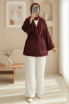 Biye Detaylı Çift Cepli Kuşaklı Kaşe Kimono -Bordo-Kimono & Kaftan-253-13095-R04