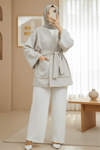 Biye Detaylı Çift Cepli Kuşaklı Kaşe Kimono -Bej-Kimono & Kaftan-253-13095-R56