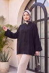 Biye Düğmeli V Yaka Organze Vual Oversize Kimono -Siyah