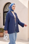 Biye Düğmeli V Yaka Organze Vual Oversize Kimono -Lacivert