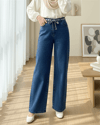 Bol Paça Beli Kuşaklı Fermuarlı Kot Pantolon -Koyu Mavi-Pantolon-417-13487-R26