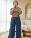 Bol Paça Beli Kuşaklı Fermuarlı Kot Pantolon -Koyu Mavi-Pantolon-417-13487-R26