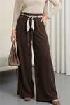 Bol Paça Beli Lastikli Kemerli Cepli Keten Pantolon  -Kahve-Pantolon-306-0045-R15