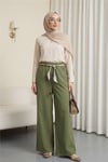 Bol Paça Beli Lastikli Kemerli Cepli Keten Pantolon  -Haki-Pantolon-306-0045-R05
