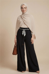 Bol Paça Beli Lastikli Kemerli Cepli Keten Pantolon  -Siyah-Pantolon-306-0045-R01