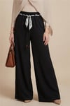Bol Paça Beli Lastikli Kemerli Cepli Keten Pantolon  -Siyah-Pantolon-306-0045-R01