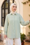 Boydan Düğmeli Çizgili Keten Gömlek -Yeşil-Gömlek-349-8037-R35