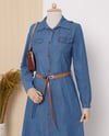 Boydan Düğmeli Kemerli Kot Elbise -Mavi-Elbise-192-6058-R31