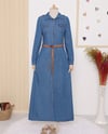 Boydan Düğmeli Kemerli Kot Elbise -Mavi-Elbise-192-6058-R31