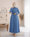 Boydan Düğmeli Kemerli Kot Elbise -Mavi-Elbise-192-6058-R31