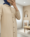 Boydan Düğmeli Kolu Lastikli Uzun Krinkıl Tunik   -Bej-Tunik-253-12857-R56
