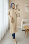 Boydan Düğmeli Kolu Lastikli Uzun Krinkıl Tunik   -Bej-Tunik-253-12857-R56