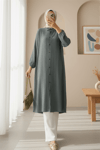 Boydan Düğmeli Kolu Lastikli Uzun Krinkıl Tunik    -Füme-Tunik-253-12857-R18