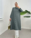 Boydan Düğmeli Kolu Lastikli Uzun Krinkıl Tunik    -Füme-Tunik-253-12857-R18