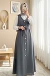 جيليه مخطط بأزرار وحزام - رمادي-Jile Elbise-111-61094-R11