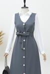 جيليه مخطط بأزرار وحزام - رمادي-Jile Elbise-111-61094-R11
