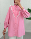 Boydan Düğmeli Önü Dantelli Fırfırlı Çizgili Gömlek -Pembe-Gömlek-102-2102-R20