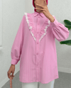Boydan Düğmeli Önü Dantelli Fırfırlı Çizgili Gömlek -Pembe-Gömlek-102-2102-R20