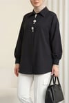 Broş Detaylı Gizli Düğmeli Poplin Gömlek -Siyah-Gömlek-398-11001-R01