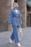 Broş Detaylı Kemerli Pantolonlu Kot Kimono Takım  -Buz Mavi