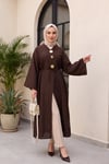 Broş Detaylı Yanları Yırtmaçlı Kabartma Puantiye Desenli Jakarlı Kimono -Koyu Kahverengi