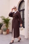 Broş Detaylı Yanları Yırtmaçlı Kabartma Puantiye Desenli Jakarlı Kimono -Koyu Kahverengi