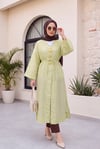 Broş Detaylı Yanları Yırtmaçlı Kabartma Puantiye Desenli Jakarlı Kimono -Çağla Yeşili