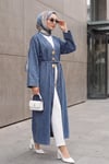 Büyük Broş Detaylı Kemerli Yırtmaçlı Uzun Kot Kimono -Buz Mavi