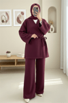 Çapraz Bağlamalı Kaşe Kimono -Bordo-Kimono & Kaftan-346-3081-R04