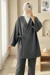 Çapraz Bağlamalı Kaşe Kimono -Füme-Kimono & Kaftan-346-3081-R18