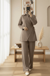 Çapraz Düğmeli Yandan Bağlamalı Yün Efekt Takım  -Açık Kahve-Takım-346-3075-R76