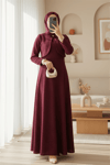 Ceket Detaylı Simli Broşlu Elbise  -Bordo-Elbise-386-6251-R04