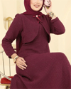 Ceket Detaylı Simli Broşlu Elbise  -Bordo-Elbise-386-6251-R04